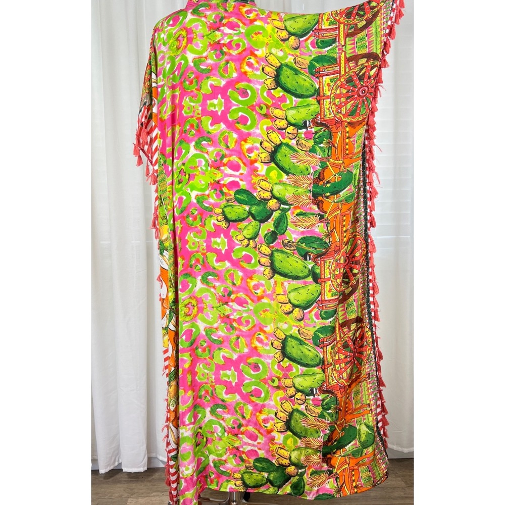 Antica Sartoria Beaded Tassel Kaftan Dress Pink Green OS Vacation Resort NEW - Picture 10 of 16